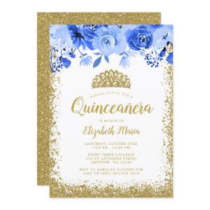 Blue Floral Faux Gold Glitter Tiara Quinceanera
