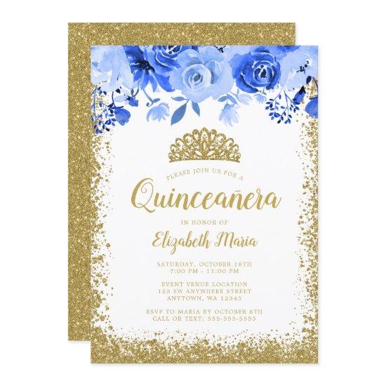 Blue Floral Faux Gold Glitter Tiara Quinceanera