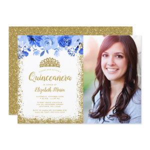 Blue Floral Gold Glitter Tiara Quinceane Photo