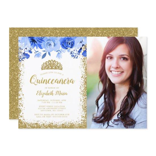 Blue Floral Gold Glitter Tiara Quinceane Photo