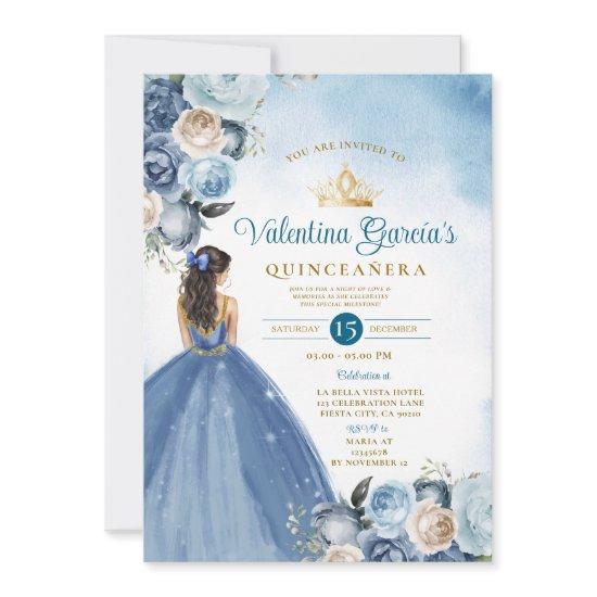 Blue Floral Quinceañera 15 Anos Gold Crown Glitter