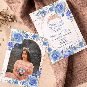 Blue floral Rose gold tiara princess Quinceanera