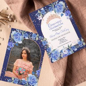 Blue floral Rose gold tiara princess Quinceanera