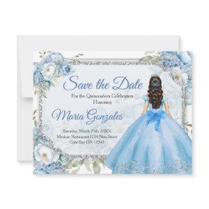 Blue Floral Silver Crown Quinceañera Save the Date Thank You Card