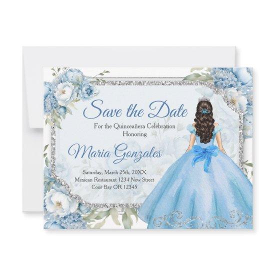 Blue Floral Silver Crown Quinceañera Save the Date Thank You Card