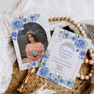 Blue floral silver tiara princess Quinceanera