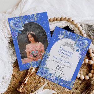 Blue floral silver tiara princess Quinceanera