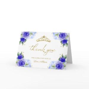 Blue Floral Tiara Quinceanera Thank You Card