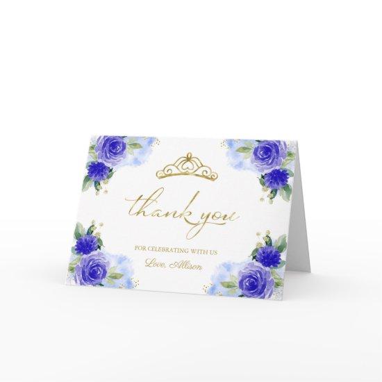 Blue Floral Tiara Quinceanera Thank You Card
