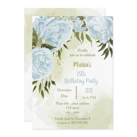 blue flowers greenery birthday party