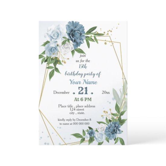 blue flowers greenery geometric birthday