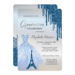 Blue Glitter Drips,Dress,Eiffel Tower Quinceañera