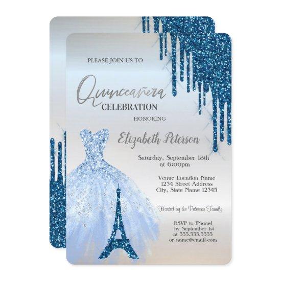 Blue Glitter Drips,Dress,Eiffel Tower Quinceañera
