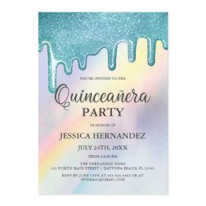 Blue Glitter Drips Rainbow Holographic Quinceañera