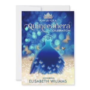 Blue gold bokeh butterfly dress  Quinceañera