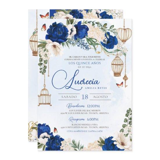 Blue Gold Butterfly Floral Elegant Quinceañera