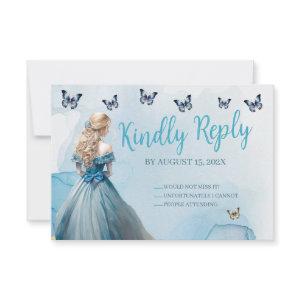 Blue Gold Butterfly Princess Quinceañera RSVP