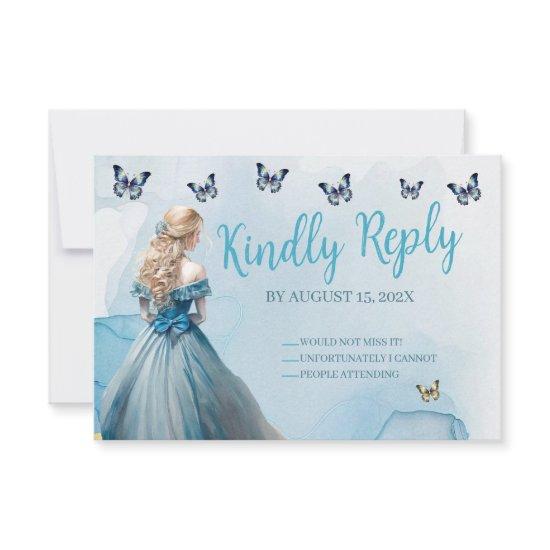 Blue Gold Butterfly Princess Quinceañera RSVP