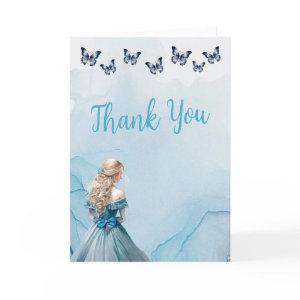 Blue Gold Butterfly Princess Quinceañera Thank You Card