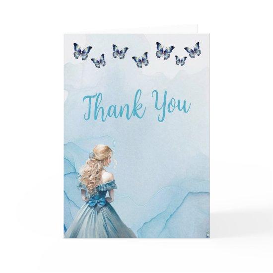 Blue Gold Butterfly Princess Quinceañera Thank You Card