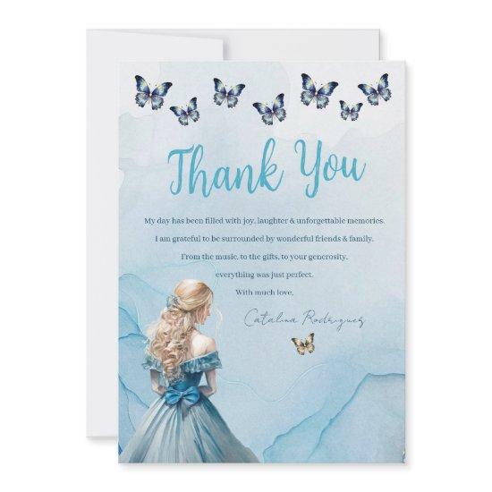 Blue Gold Butterfly Princess Quinceañera Thank You Card