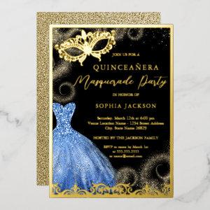 Blue Gold Dress Masquerade Party Quinceanera Foil