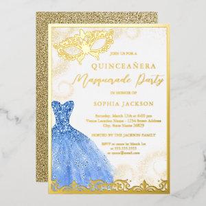 Blue Gold Dress Masquerade Party Quinceanera  Foil