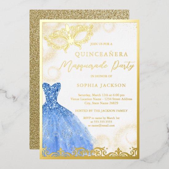 Blue Gold Dress Masquerade Party Quinceanera  Foil