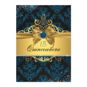Blue Gold Elegant Damask Quinceanera Invite