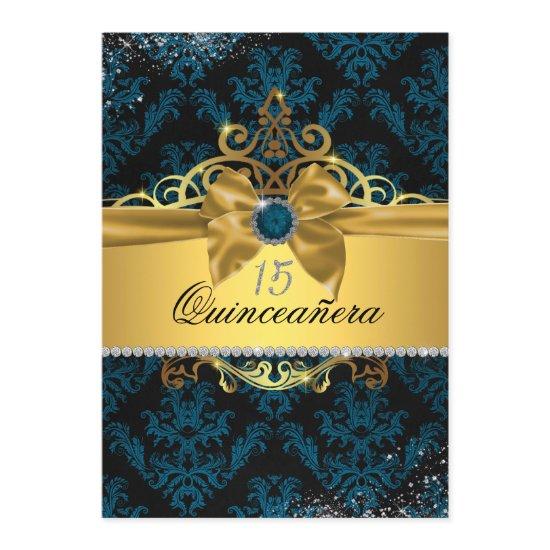 Blue Gold Elegant Damask Quinceanera Invite