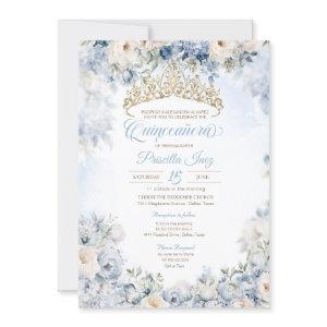 Blue Gold Elegant Watercolor Floral Quinceañera