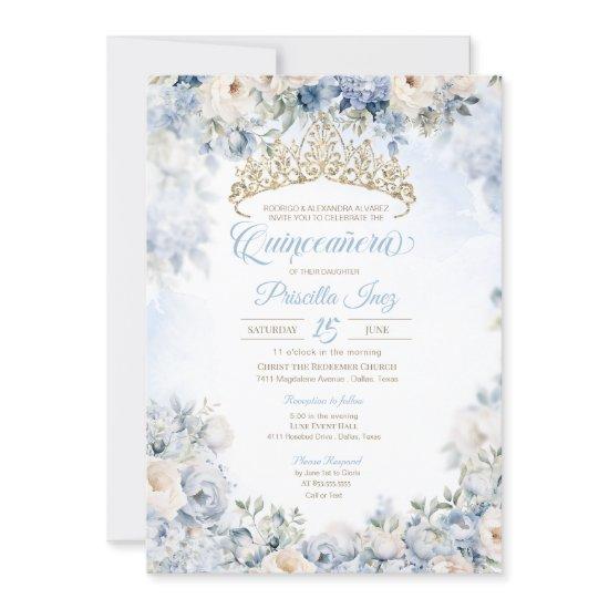 Blue Gold Elegant Watercolor Floral Quinceañera