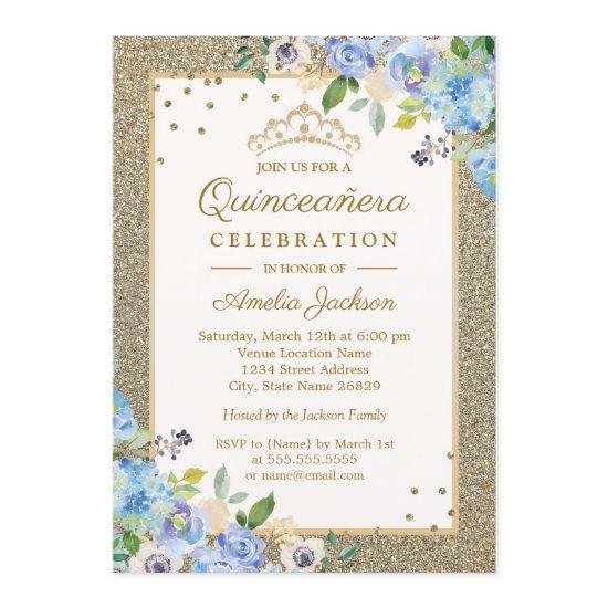 Blue Gold floral Sparkle Quinceanera