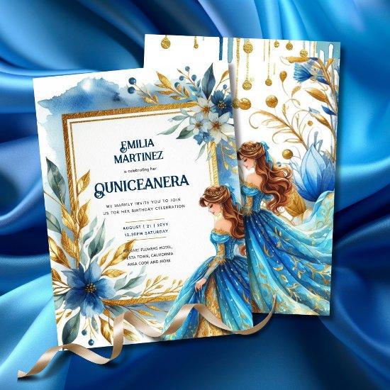 Blue Gold Quinceañera Dress
