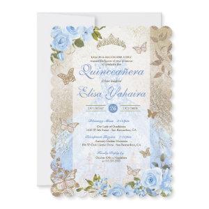 Blue Gold Rose Butterfly Glam Princess Quinceañera