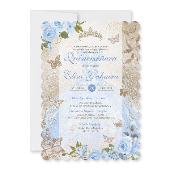 Blue Gold Rose Butterfly Glam Princess Quinceañera