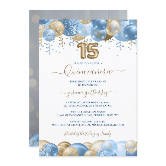 Blue Gold Sparkle Photo Quinceañera Balloon