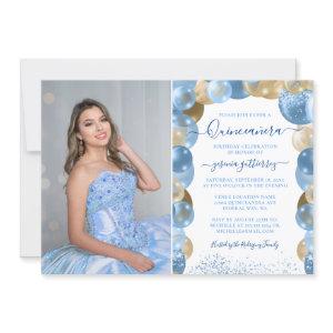 Blue Gold Sparkle Quinceañera Balloon Photo Invita