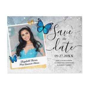 Blue Gold Watercolor Quince Photo Save the Date Announcement Postcard