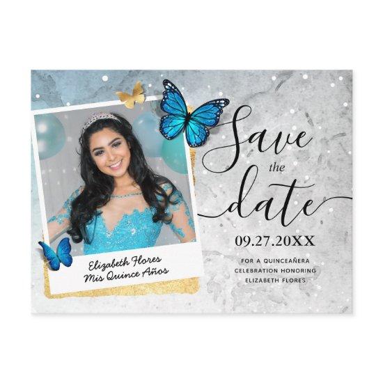 Blue Gold Watercolor Quince Photo Save the Date Announcement Postcard