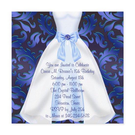 Blue Gown Blue Damask Quinceanera Birthday Party