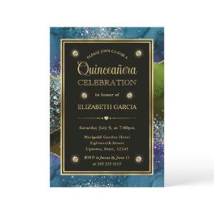 Blue, Green and Gold Glitter Agate Quinceanera