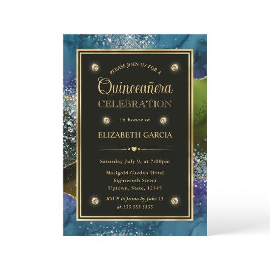 Blue, Green and Gold Glitter Agate Quinceanera