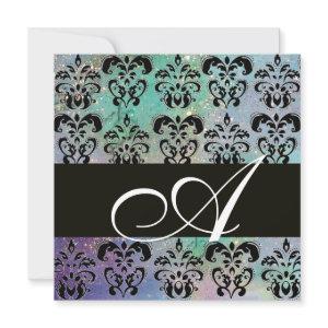 BLUE GREEN TEAL BLACK  DAMASK MONOGRAM , white