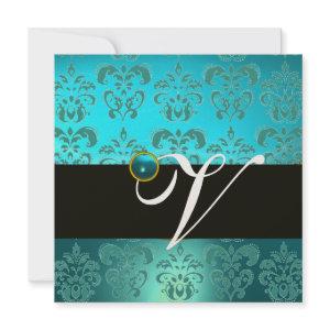 BLUE GREEN TURQUOISE BLACK GOLD DAMASK MONOGRAM