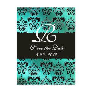 BLUE GREEN TURQUOISE DAMASK CLOTH,WHITE MONOGRAM ANNOUNCEMENT POSTCARD