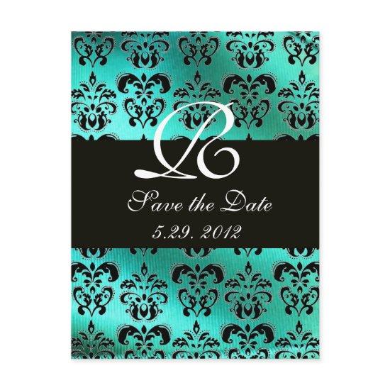 BLUE GREEN TURQUOISE DAMASK CLOTH,WHITE MONOGRAM ANNOUNCEMENT POSTCARD