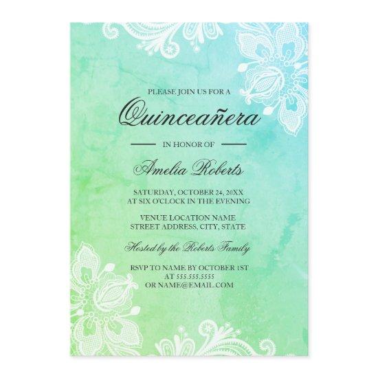 Blue Green Watercolor Lace Quinceanera