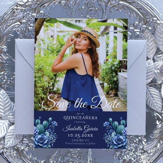 Blue Mexican Style Quinceañera Photo Save the date Announcement