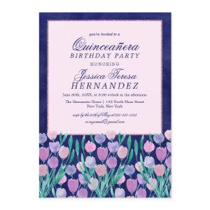 Blue Pink Tulips Floral Watercolor Quinceañera